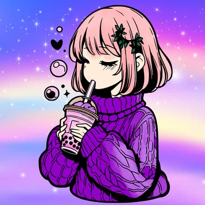 manga girl drinking boba in cozy sweater