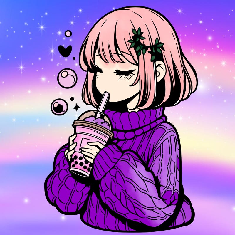 manga girl drinking boba in cozy sweater