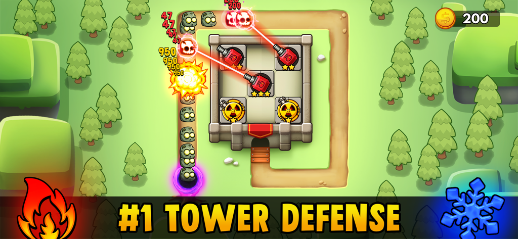 Merge Clash: Tower Defense - In-game battle scene of Merge Clash Tower Defense with towers defending a base against waves of enemies