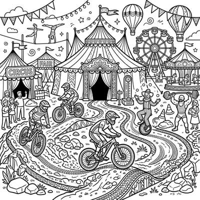 Experience the exhilarating fusion of extreme sports and festive fun with our Mountain Bikers at Carnival coloring page! This unique design invites you to bring a vibrant world of daring riders and lively fairgrounds to life with your favorite colors.
