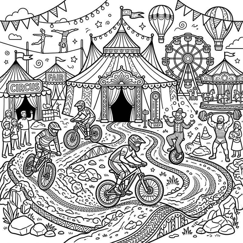 Experience the exhilarating fusion of extreme sports and festive fun with our Mountain Bikers at Carnival coloring page! This unique design invites you to bring a vibrant world of daring riders and lively fairgrounds to life with your favorite colors.