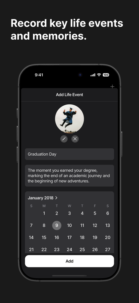 Life Calendar: Visual Timeline - An iPhone interface showing the Add Life Event screen with a graduation photo and calendar date selection.