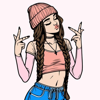 realistic teenage girl with braids and a beanie and crop top doing 🫶🏼