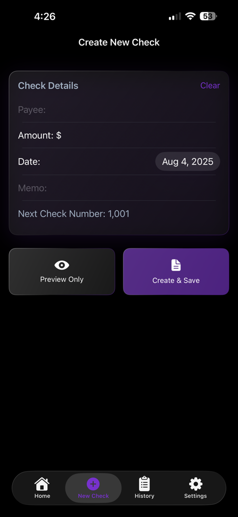 The Create New Check screen of the Check Generator app featuring fields for payee amount date and memo