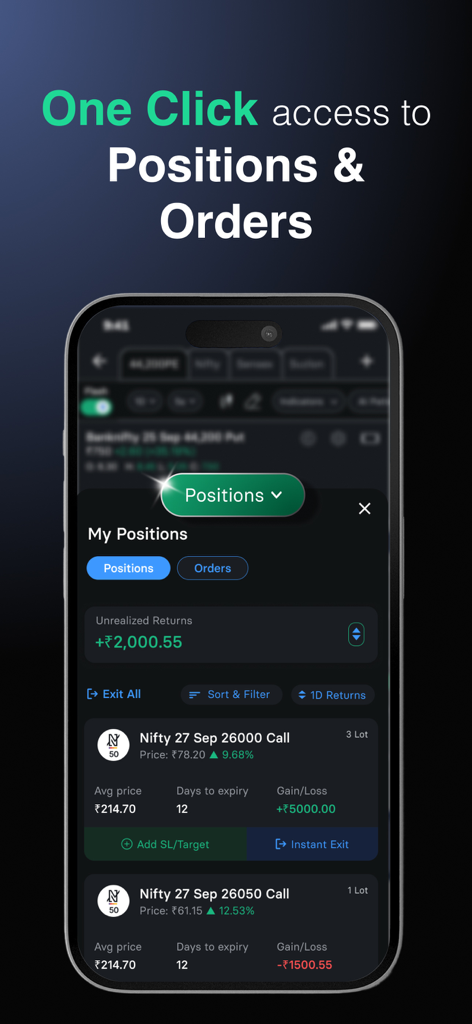 Flash Trading App by INDstocks - Interfaz de la aplicación Flash Trading que muestra acceso con un clic a posiciones y órdenes.