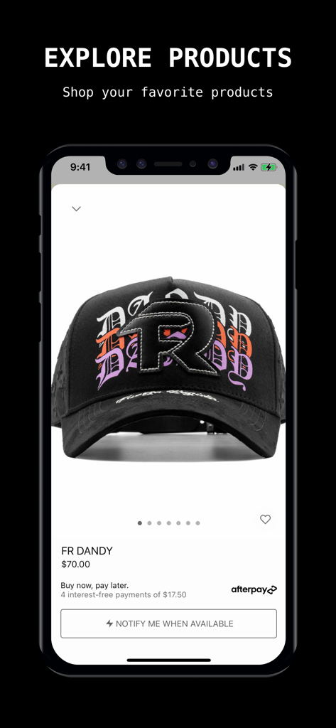 Página de producto en la aplicación DandyHats que presenta una gorra trucker negra FR Dandy con gráficos estilizados.