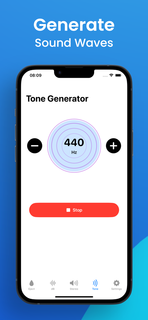 Clear Wave - Sonic Water Eject - Screenshot of the Clear Wave app showing a tone generator interface with 440 Hz frequency control