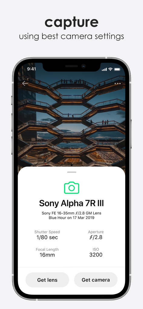 Explorest app interface displaying professional camera settings and gear for a photo location