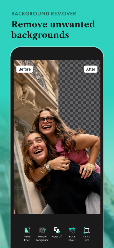 Before and after comparison of the background remover tool in the BEAM AI photo editor app