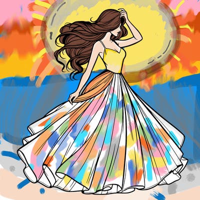 realistic woman with dress flowing in the wind