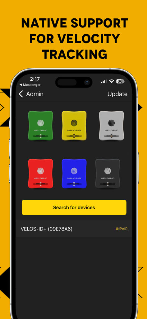 Sheiko Gold: AI Powerlifting - Schermata dell'app Sheiko Gold che mostra il supporto nativo e l'accoppiamento del dispositivo per i sensori di tracciamento della velocità VELOS-ID