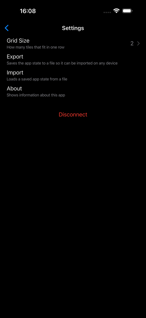 OBS Controller - Settings screen of the OBS Controller app showing grid size and configuration options