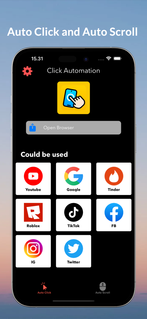 Auto Clicker: Auto Tapper Pro - Auto Clicker app interface showing automation shortcuts for YouTube Tinder and Roblox