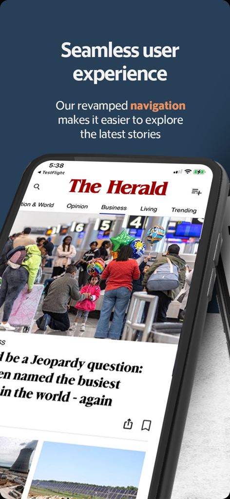 Rock Hill Herald news app screen on a smartphone showing the latest local stories and navigation menu