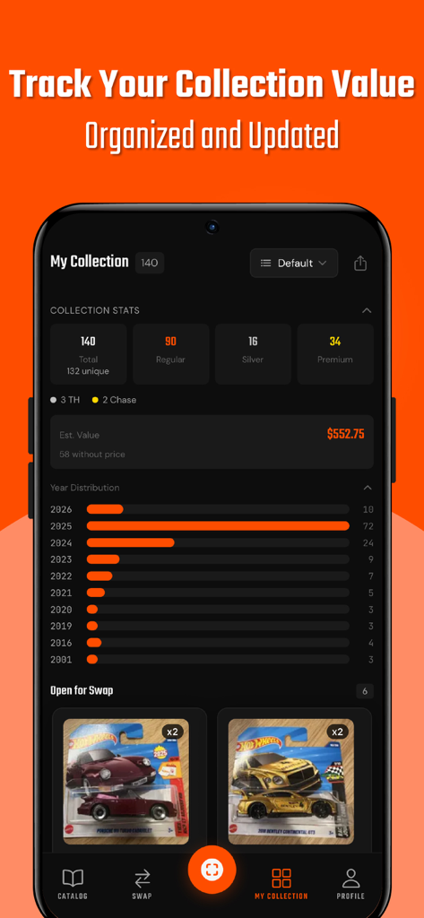 Hunt64: Diecast Car Collector - Mobile app dashboard tracking diecast car collection statistics and estimated market value