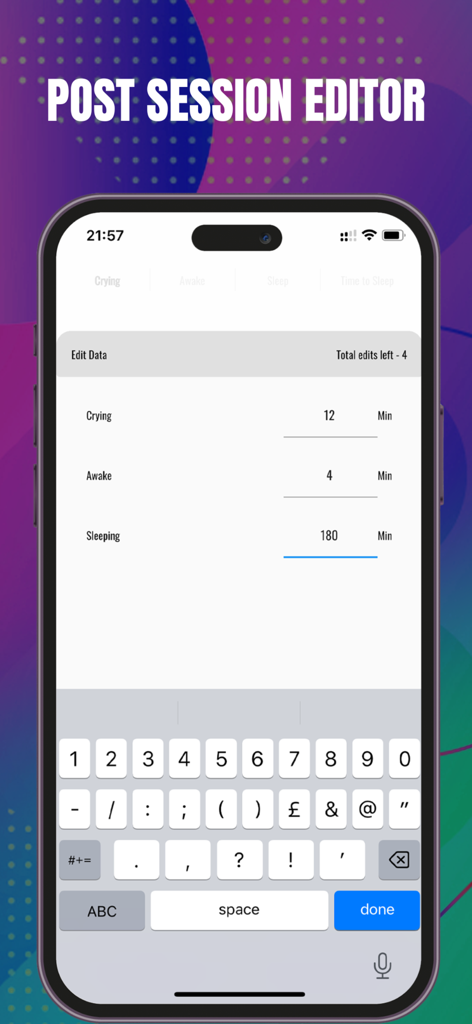 Sleep trainer - Ferber method - Post session editor interface for manually adjusting baby sleep crying and awake times