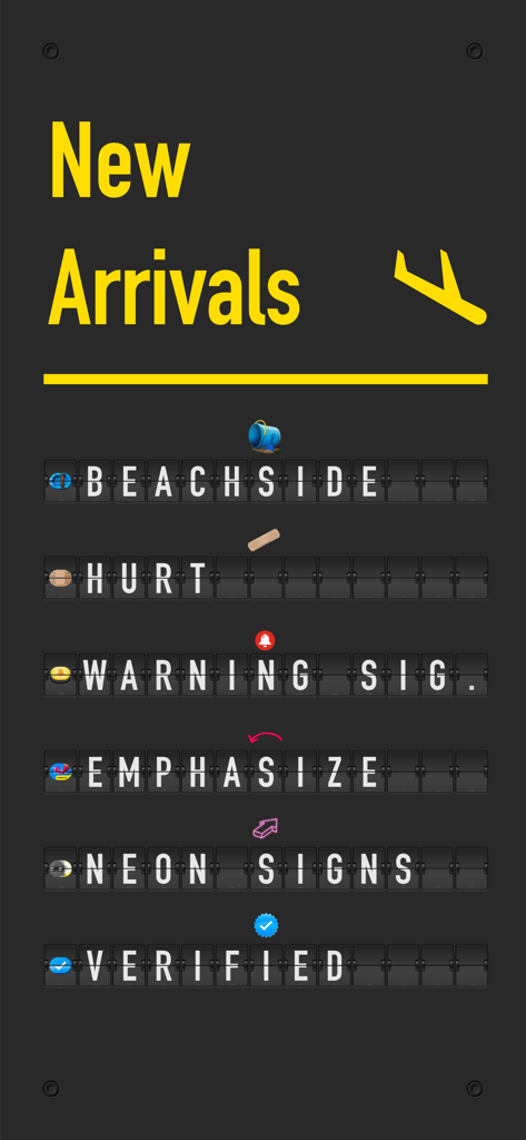 Airport Stickers: Liftoff - A collection of stickers from the Liftoff app designed as a classic airport flip board showing words like Beachside and Verified.