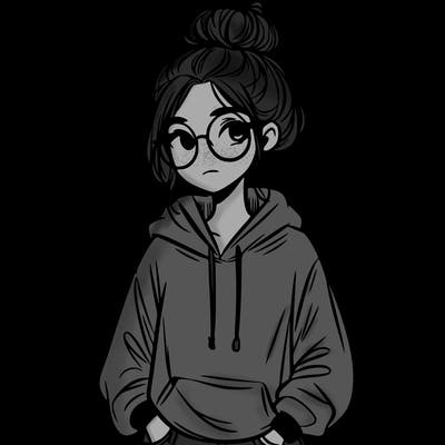 teen girl with a messy bun and glasses wearing a loose hoodie and jeans