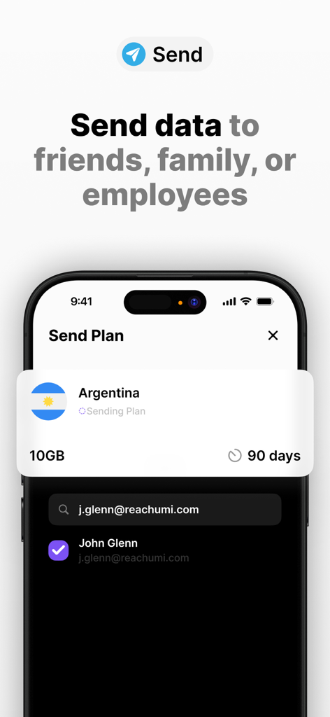 Umi: Universal eSIM & Data - Capture d'écran de l'interface de l'application Umi montrant comment envoyer un forfait de données de 10 Go pour l'Argentine à un ami ou un membre de la famille.