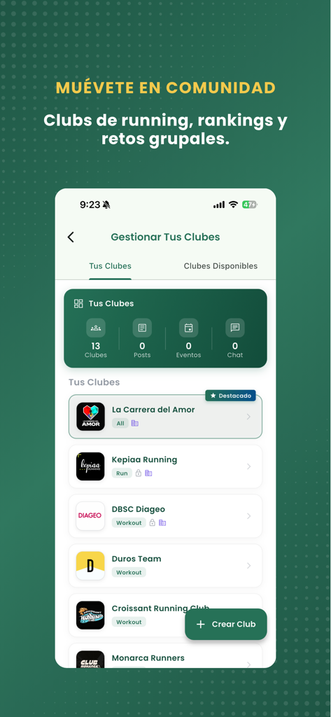 T-Mate - The T-Mate mobile app interface showing a list of running clubs and community group challenges for users to join