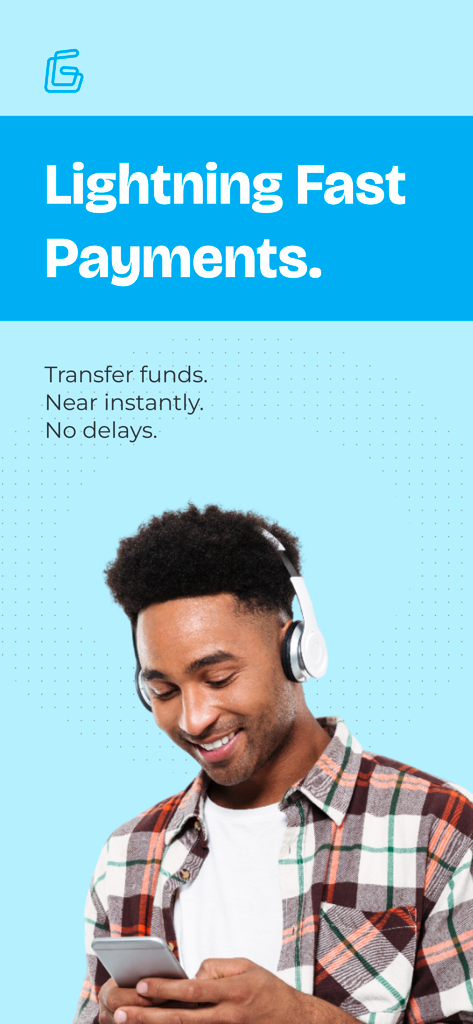 G-Money App - A young man with headphones smiling while using the G-Money app for fast money transfers and payments.