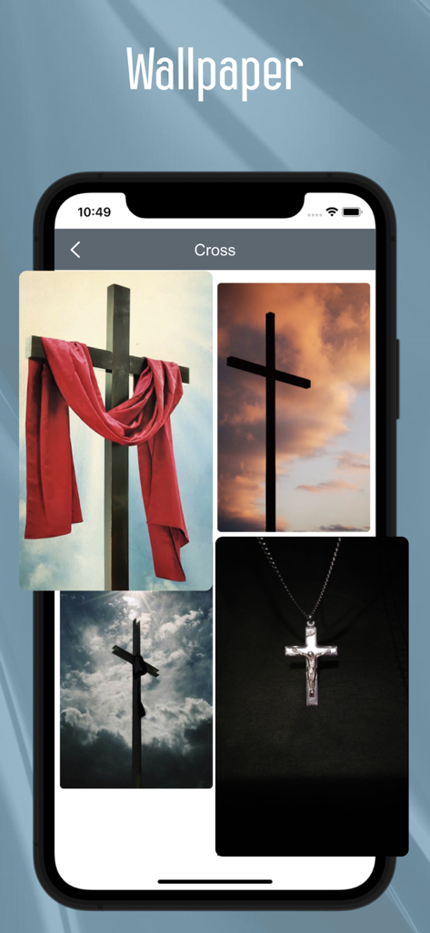 Pantalla de la aplicación de la Biblia mostrando diferentes imágenes de cruces cristianas para la selección de fondo de pantalla.