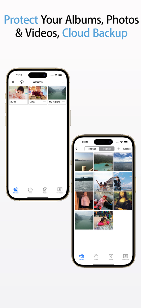 SecurityX- AD Blocker,Privacy+ - SecurityX app interface showing private photo vault and cloud backup features on two iPhones