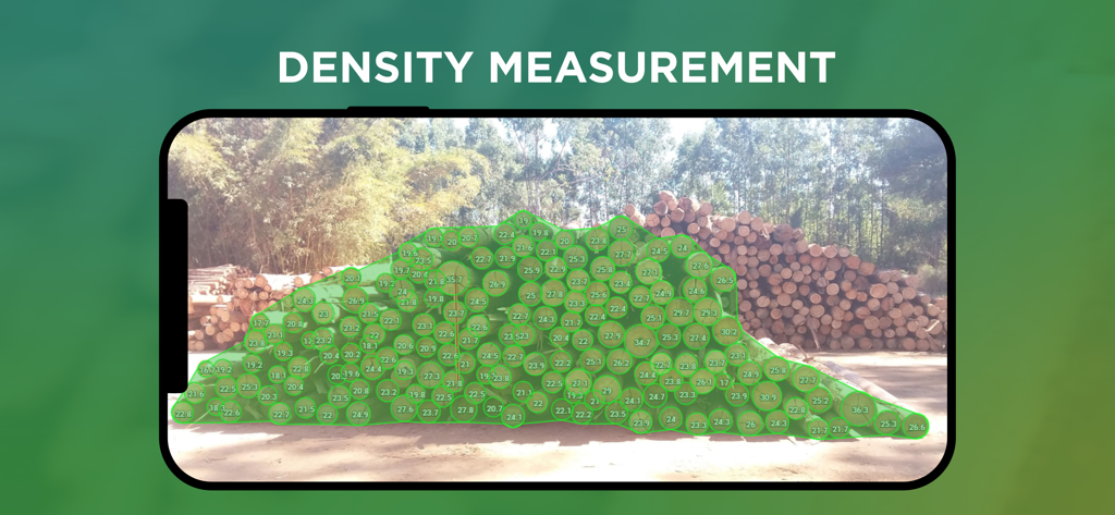 Smartphone screen showing Timbeter app measuring density of a log pile