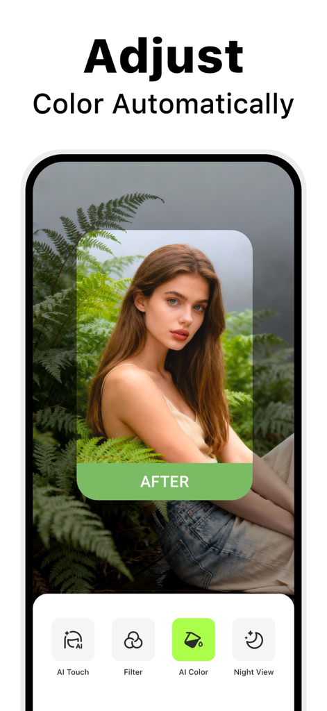 Video Enhancer - Utool - Oberfläche der Utool-App, die eine automatische KI-Farbkorrektur bei einem Porträtfoto zeigt