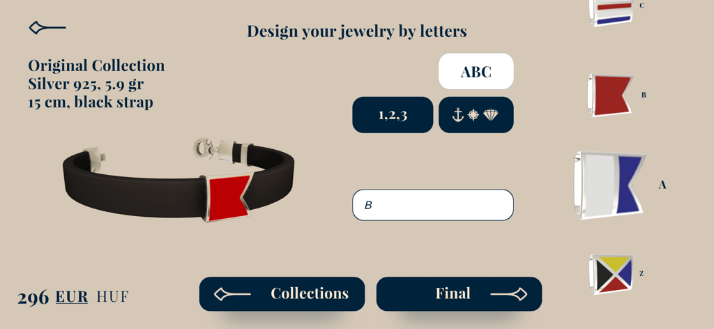 MYENSIGN - JEWEL DESIGNER - A screenshot of the MYENSIGN app interface showing a black strap bracelet with a red nautical flag charm.