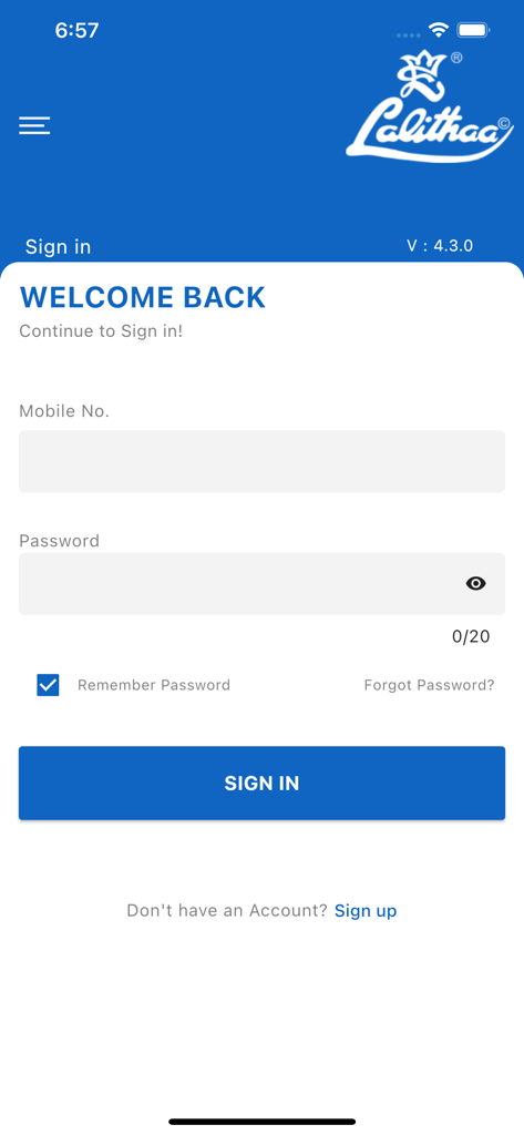 Lalithaa Jewellery - Lalithaa Jewellery app sign in screen with mobile number and password input fields