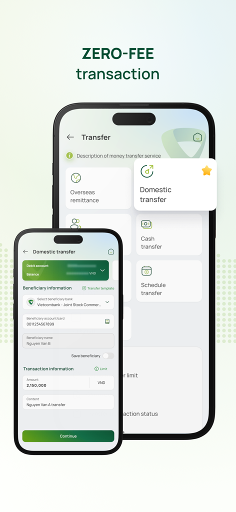 VCB Digibankアプリの画面。国内および海外へのゼロ手数料送金機能が表示されています。