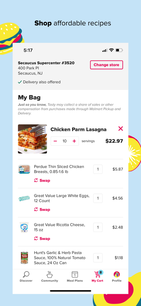 Der Warenkorb der Tasty-App zeigt Zutaten für ein Hähnchen-Parmesan-Lasagne-Rezept