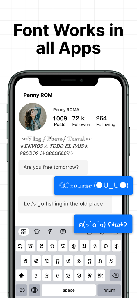 Keyboard Fonts - Font Art - Pantalla de smartphone que muestra fuentes personalizadas en la biografía de Instagram y una conversación de chat usando un teclado elegante