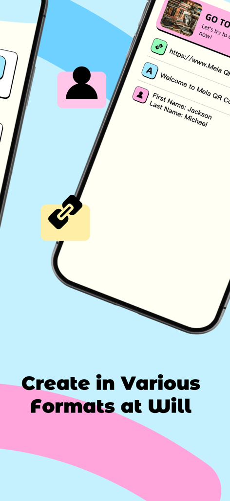 Mela QR Code - Smartphone screen of Mela QR Code app showing options to create QR codes for URLs, text, and contact information.