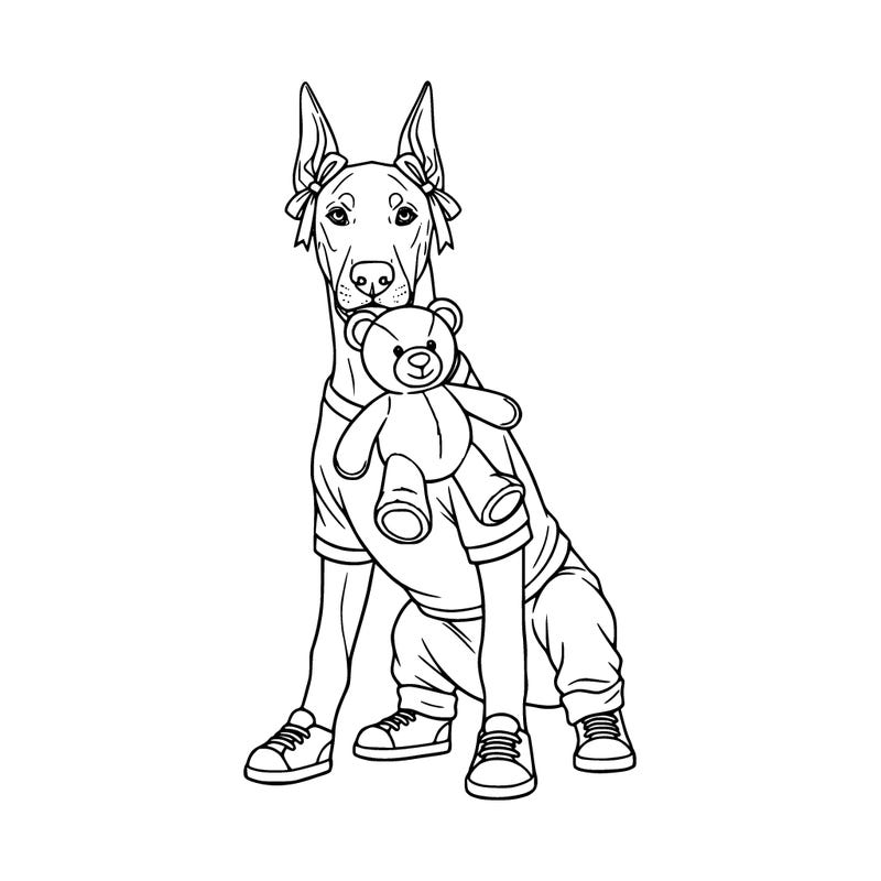a six month old doberman pinscher puppy and she is wearing a t-shirt and pants and four shoes she has bows on her ears and she has a stuffed teddy bear dangling by one arm out of her mouth