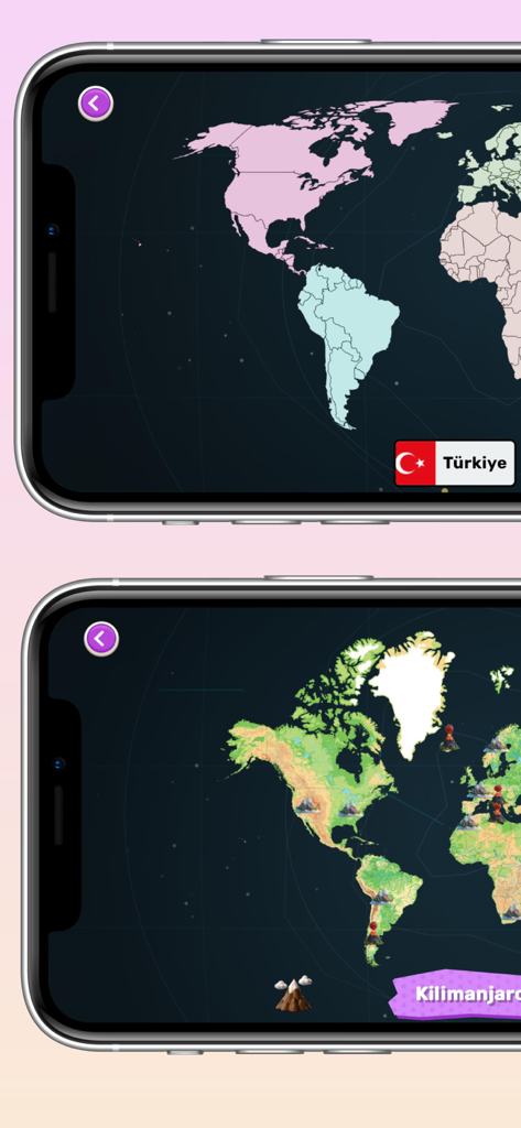 Captures d'écran de l'application de géographie montrant une carte du monde avec les continents et une carte topographique avec les emplacements des montagnes.
