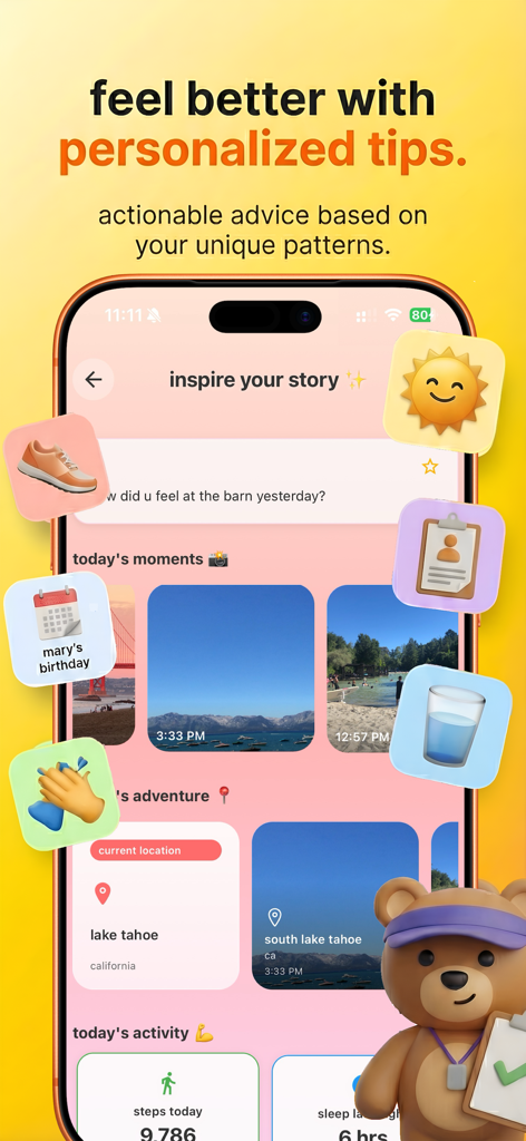 yap: dream astrology journal - Yap app interface showing personalized wellness tips and daily activity tracking dashboard