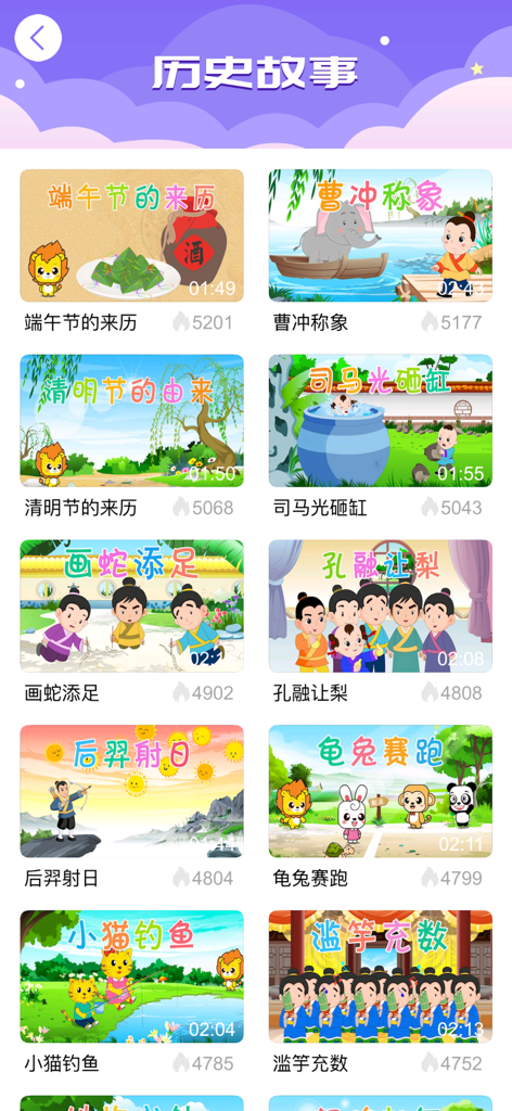 A menu of animated Chinese historical and idiom stories for children within the Fairy Tale Collection app