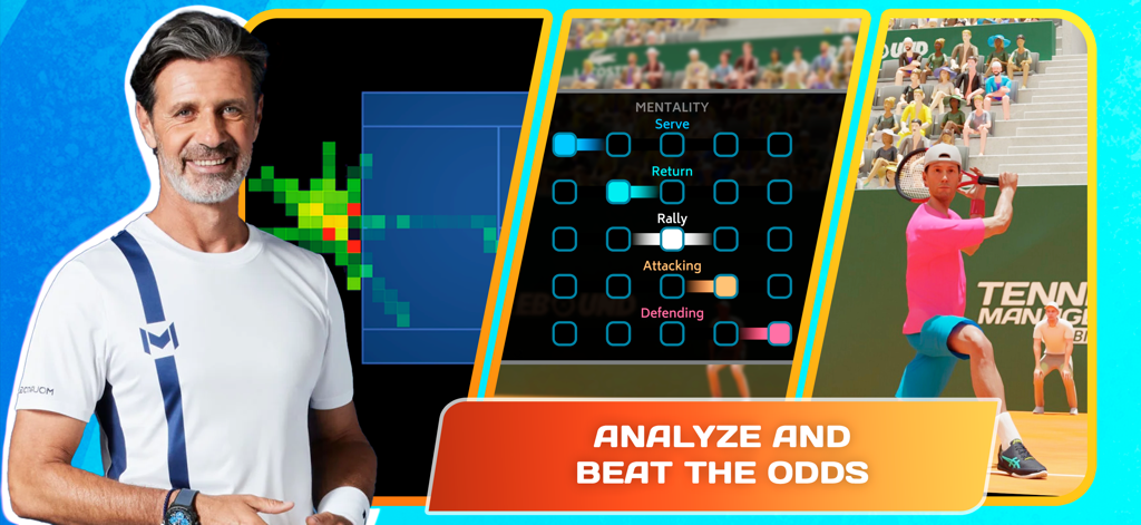Tennis Manager 25 - MY PLAYER - 게임 인터페이스에서 테니스 선수의 전술 분석 지도 및 정신력 설정을 보여주는 옆에 있는 코치