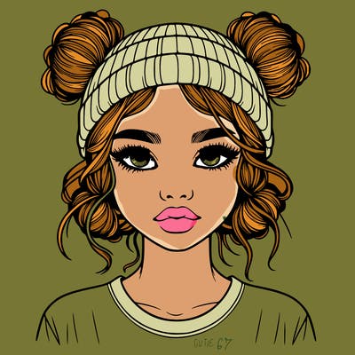 realistic girl with buns in her hair with a beanie on