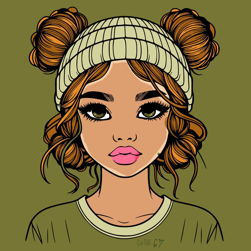 realistic girl with buns in her hair with a beanie on
