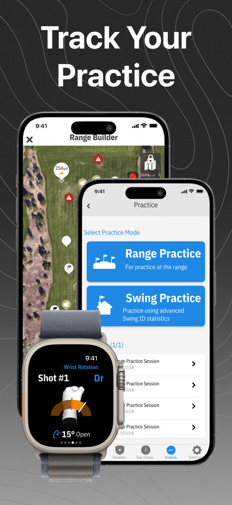 Golfshot app showing range practice and swing ID stats on iPhone and Apple Watch