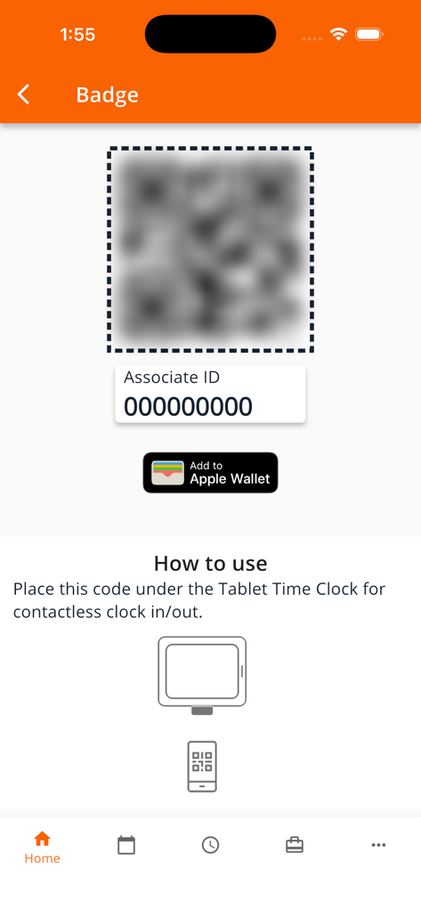 Workforce Tools app screen displaying an associate digital badge and QR code for contactless clock in
