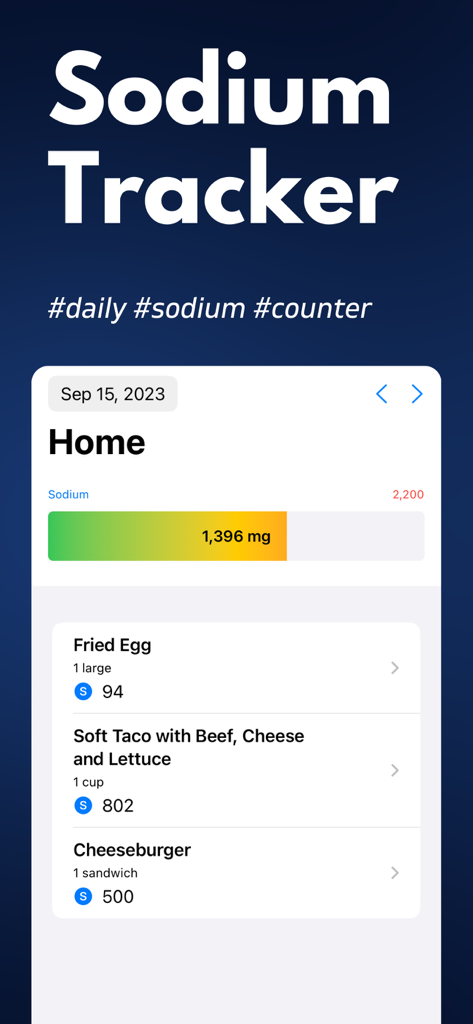 Sodium Tracker home screen displaying daily salt intake progress and a list of logged food items