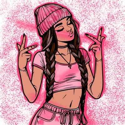 realistic teenage girl with braids and a beanie and crop top doing 🫶🏼