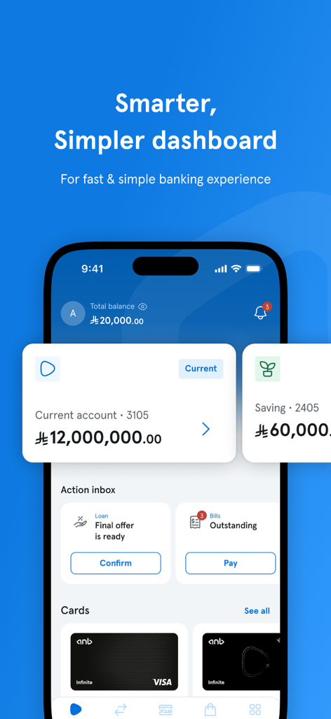 anb - arab national bank - anb mobile banking app dashboard showing account balances and cards