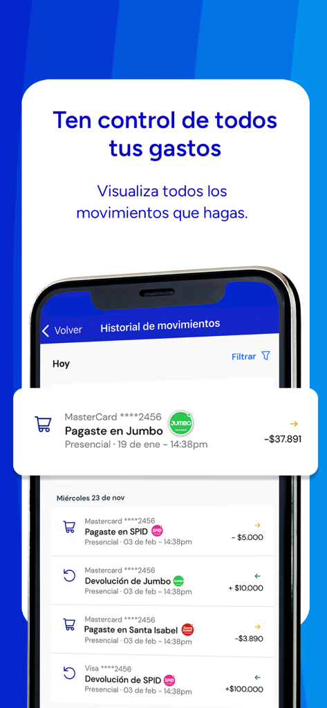 CencoPay, tu billetera digital - Pantalla del historial de transacciones de la aplicación CencoPay que muestra una lista de gastos y devoluciones recientes en tiendas minoristas.
