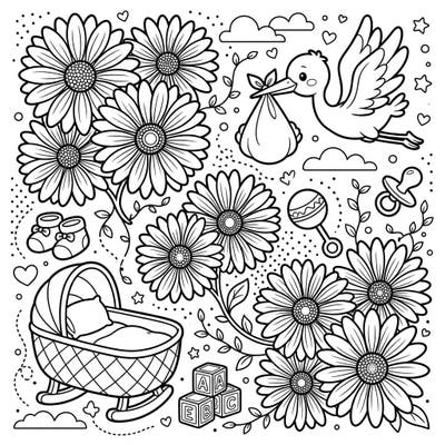 Embrace the joy of new life with this enchanting coloring page, blending vibrant Cape daisies with heartwarming baby shower elements. It’s a perfect creative escape for celebrating expectant parents and new arrivals.