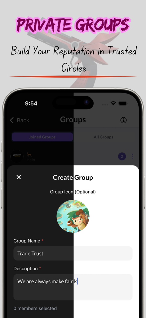 Mystery Trade Checker - A mobile interface for creating a private trade group within the Mystery Trade Checker app to build a trading reputation.
